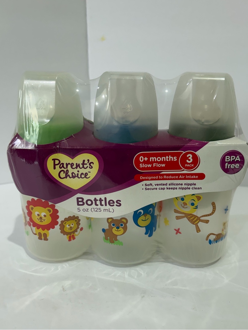 NIP Parent's Choice Baby Bottles 3-Pack with Multicolor Animal Prints NIP